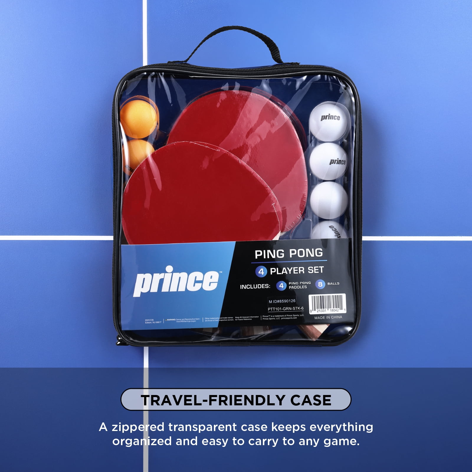 Prince Ping Pong 4 Player Set, Table Tennis Paddle & Ball Kit with 4 Paddles, 8 Balls, Wooden Handles, Rubber Paddle Surface & Portable Zipper Case for Family Games, Practice & Recreational Play