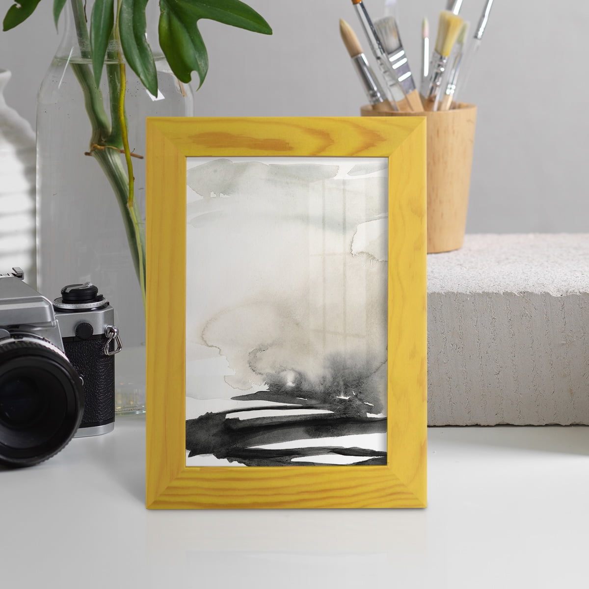 Ebony Horizon Triptych I - Framed Print w/glass - Sunflower Yellow