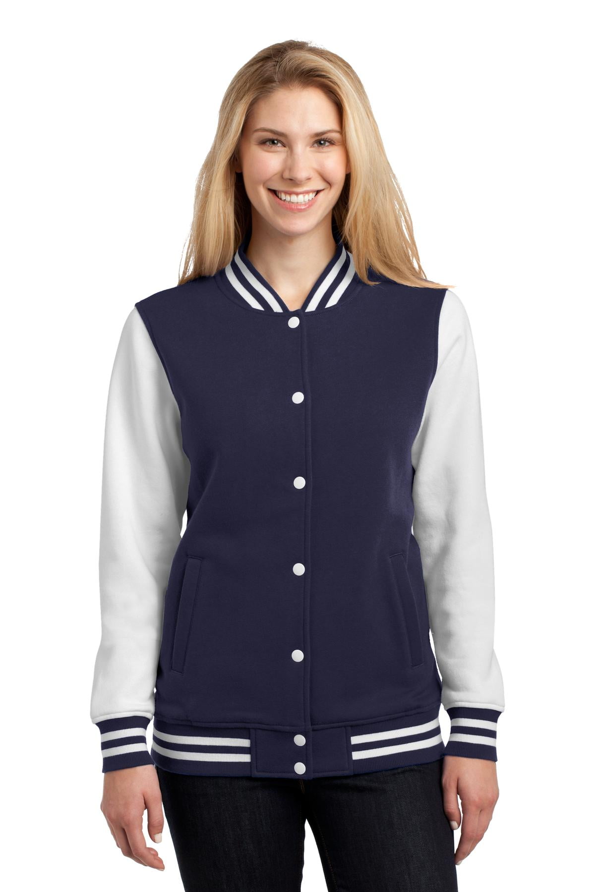 Sport Tek Ladies Fleece Letterman Jacket S True Navy White