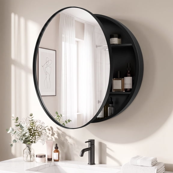 Wemily 24 Inch Round Black Medicine Cabinet with Mirror, Wall Mounted Bathroom Storage with Hidden Shelves