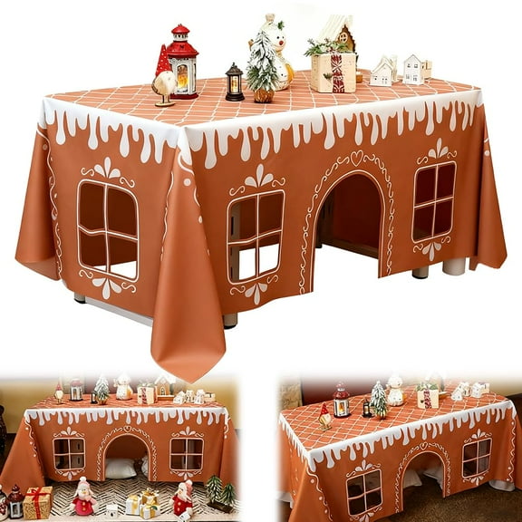 Gingerbread House Christmas Tablecloth, Holiday Painting Table Cover, Festive Winter Pattern Cloth for Party Dining Room Kitchen Decor, Interactive Playhouse with Playful Cut-Out Windows(47"x59" (S))