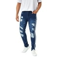 thumbnail image 5 of TFFR Men's Slim Jeans Ragged Design Side Stripe Print Mid Waist Zip Button Straight Casual Pencil Trousers, 5 of 9