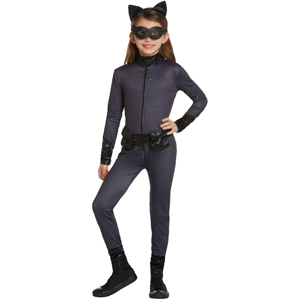 DC Girls Black Catwoman Jumpsuit Halloween Costume with Glitter Mask