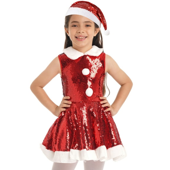 Yeahdor Kids Girls Xmas Fancy Party Costume Miss Santa Tutu Dress with Hat Christmas New Year Dress Up Outfit Red 4
