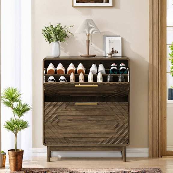 TOPCOMFY Shoe Cabinet with 2 Flip-Top Drawers, Mid-Century Modern Design, Walnut for Entryway, Hallway, Foyer