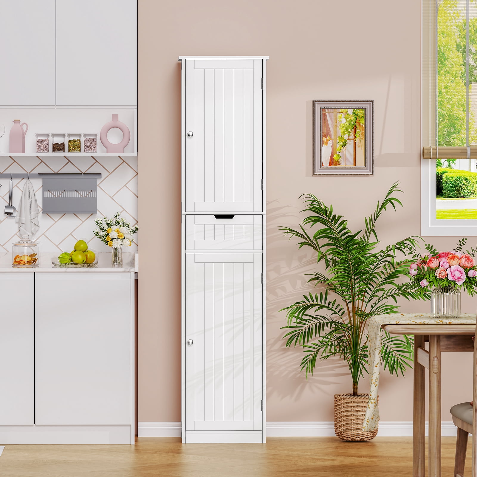 FANGSUM Tall Bathroom Cabinet, Storage Cabinet with 2 Doors & 1 Drawer, Narrow Floor Storage Cabinet with Adjustable Shelves for Bathroom, Living Room, Bedroom, White