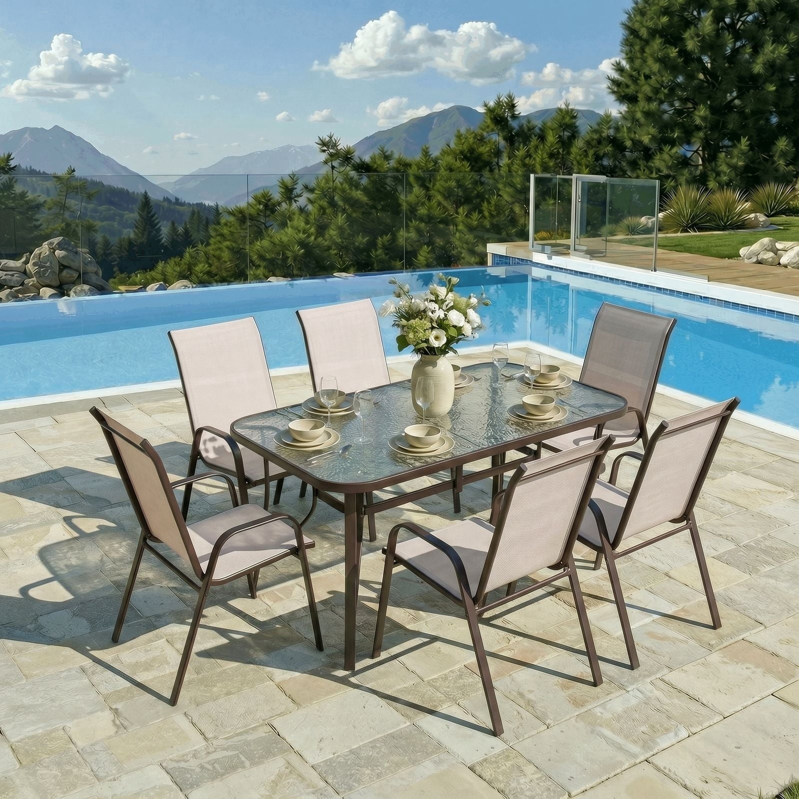 Pirecart 7pcs Patio Dining Set, Outdoor Dining Table with Umbrella Hole & 6 Stackable Textilene Fabric Dining Chairs, All Weather Patio Furniture Set, Beige