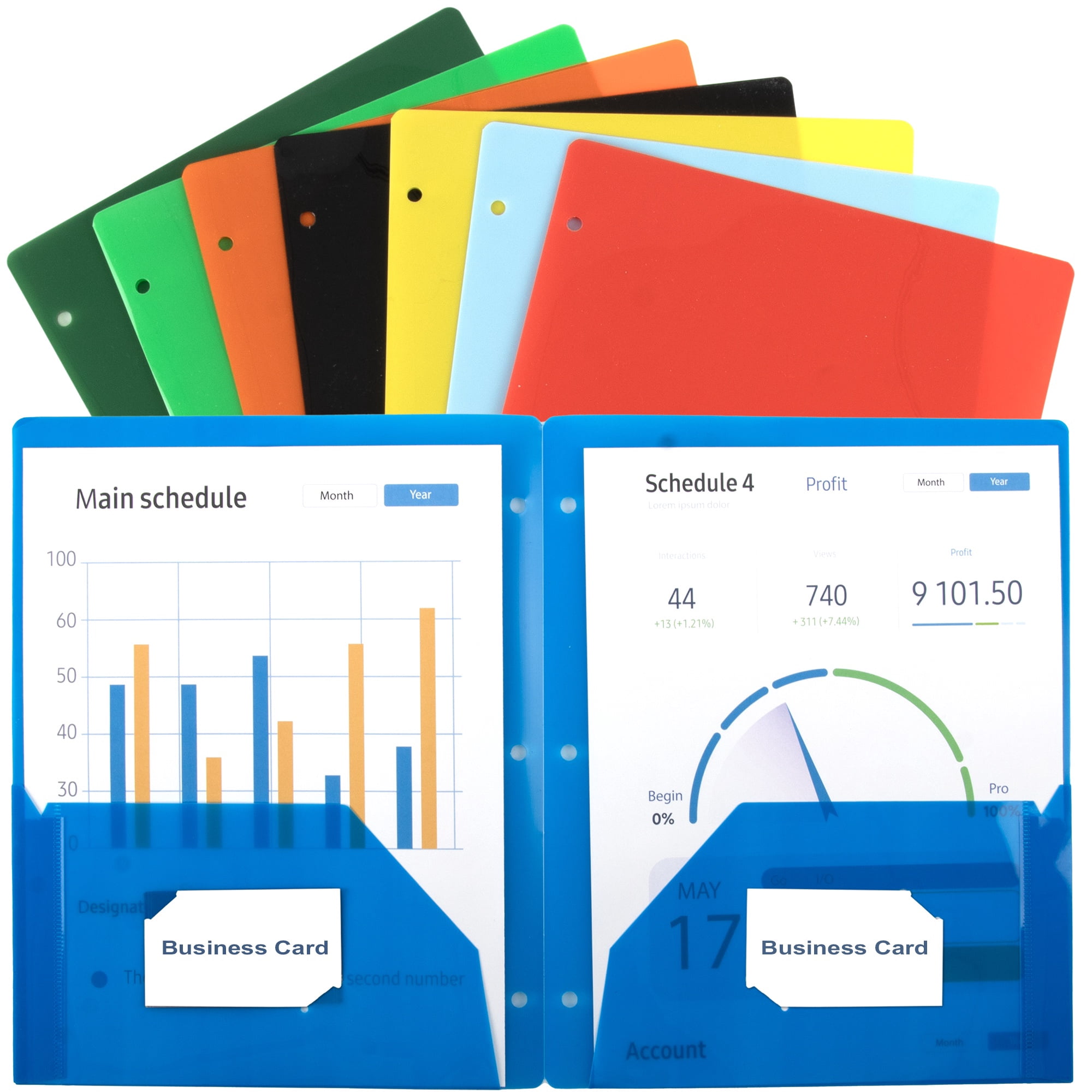 100 Pack Two Pocket Plastic Translucent 3-Ring Hole Punch Folders, 11.5”L x 9.5”W for Filing / Storing Paper Work, Assorted Colors