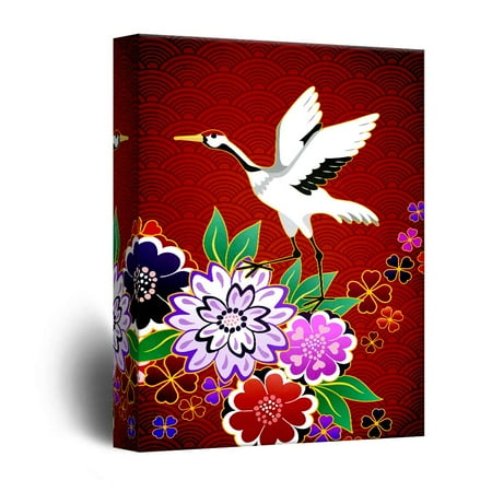- wall26 - Canvas Wall Art - Crane on Red Floral Background - Giclee Print Gallery Wrap Modern Home Decor Ready to Hang - 32x48 inches
