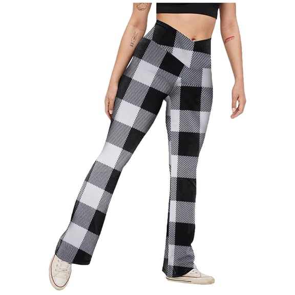 Women Leggings Tummy Control Plaid Print High Waist Elastic No-See Through Flare Yoga Pants,Black,L