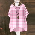 thumbnail image 4 of Women's Gingham Print Tops Crew Neck Short Sleeve Linen T-Shirt Breathable Summer Top for Going Out Vacation Pink 3XL, 4 of 6