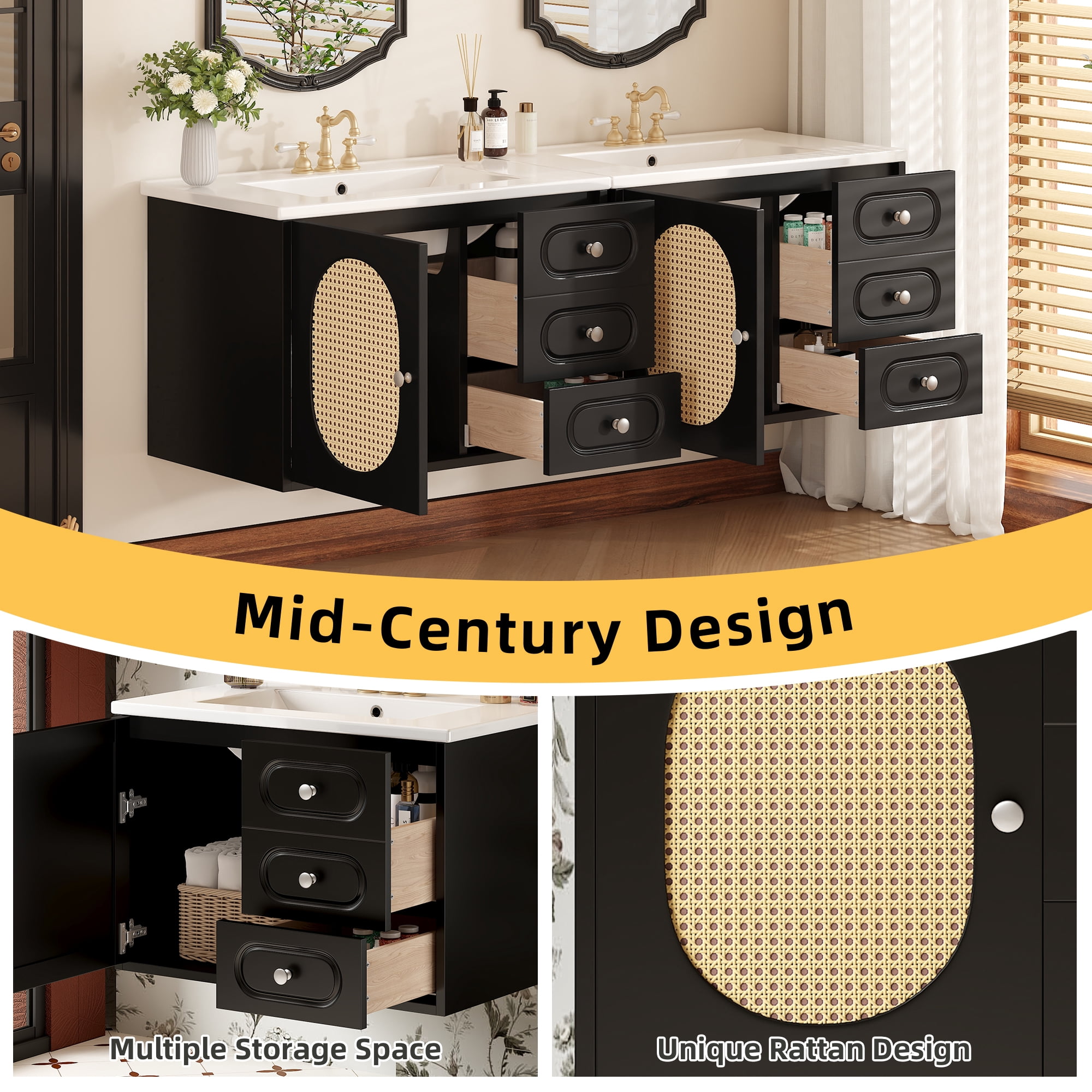 Euroco Mid-Century Modern Bathroom Vanity with Rattan Design, Soft-Close Drawers, Glossy Ceramic Basin, Premium MDF Storage Cabinet for Bathroom, 4-inch Faucet Compatibility