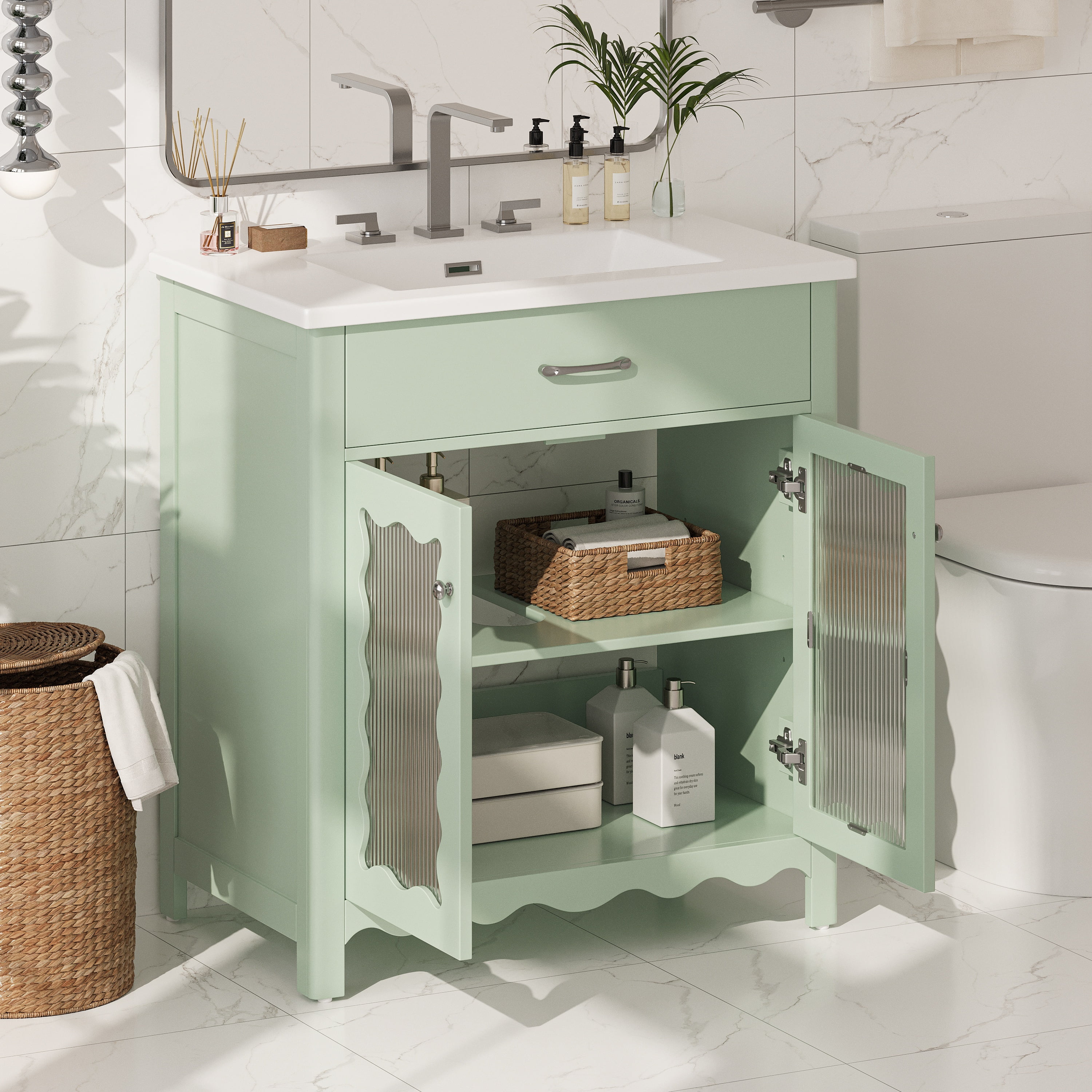 YIYADO 30 Inch Bathroom Vanity, Freestanding Green Vanity Cabinet, Modern Bathroom Cabinet with Rubber Wood Legs and Soft Close Door, Green