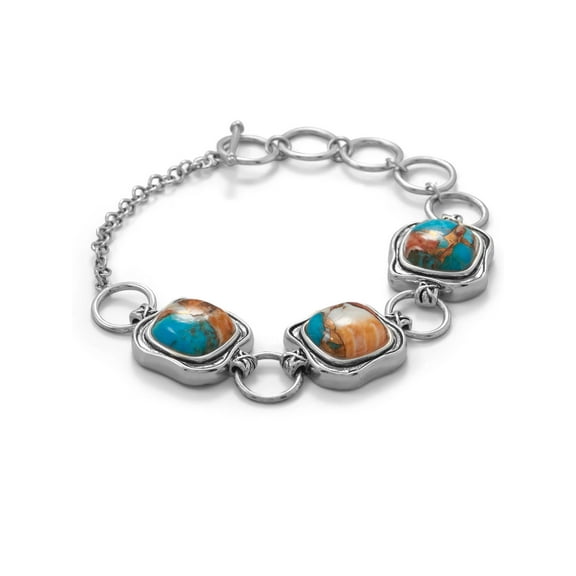Sterling Silver Turquoise and Spiny Oyster Compressed Stone Toggle Bracelet
