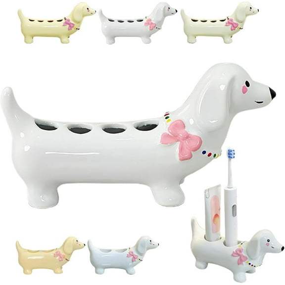 Dachshund Toothbrush Holder, Ceramic Dog Electric Toothbrush Holder, Dachshund Tooth Brush Rack, 2 or 4 Storage Compartments, Creative Cute Tooth Brush Holders for Bathroom(White 4 Holes)
