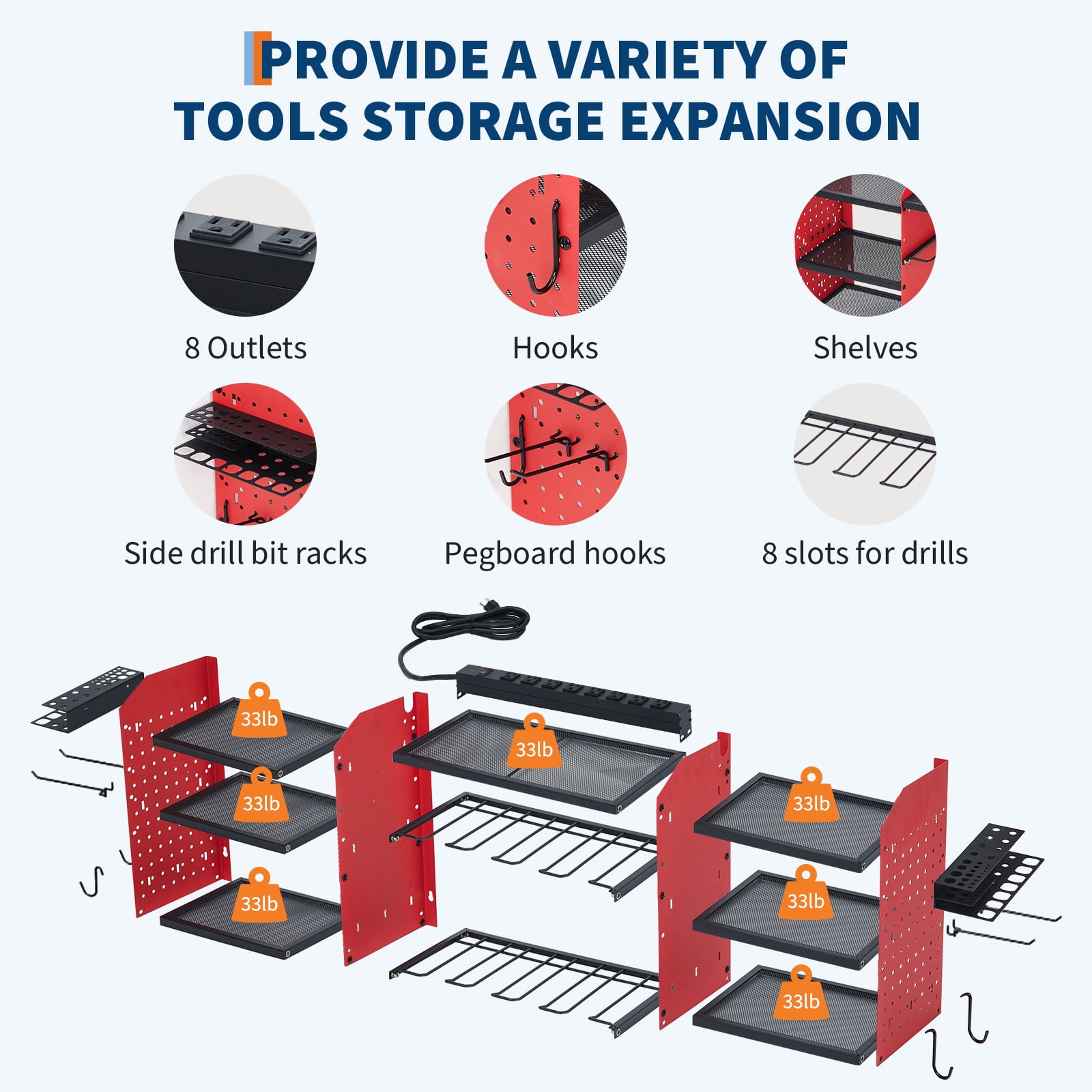Ataucjin Heavy Duty Wall Mount Tool Organizer Rack, 3-Tier Metal Garage Storage with 8 Drill Slots & Hooks, 240 Lbs Capacity Power Tool Organizer for Workshop, Garage, Gift for Men