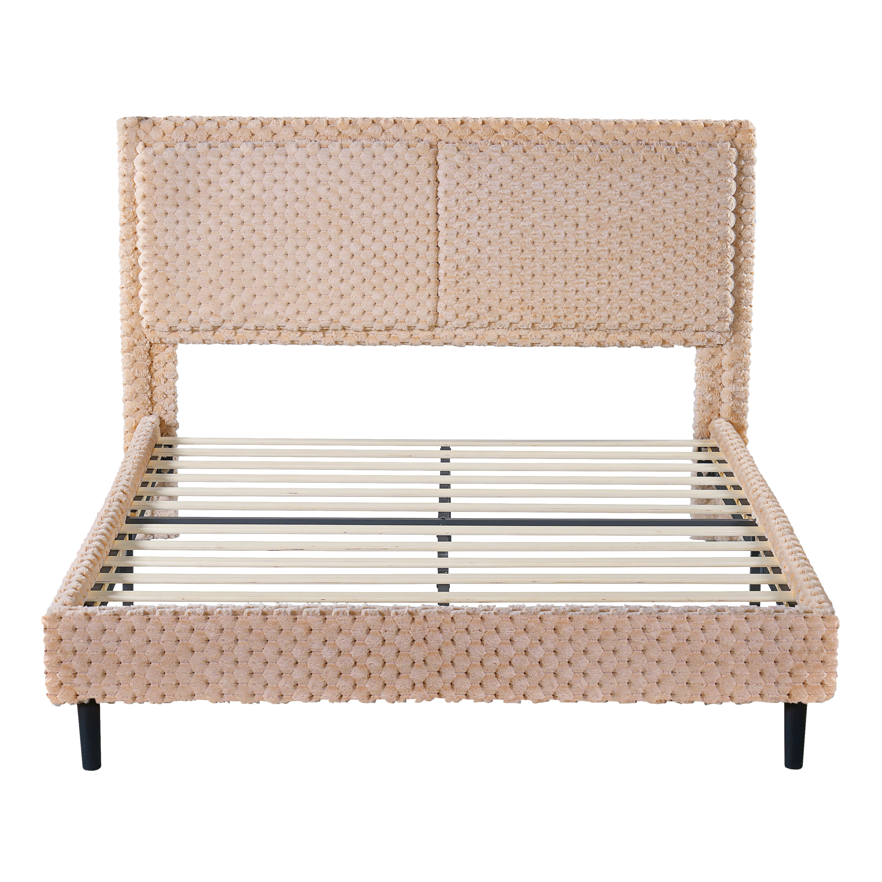Mintazer Queen Size Upholstered Platform Bed Frame with Wingback Headboard, Textured Plush Fabric Bed with Metal Support, No Box Spring Needed, Camel