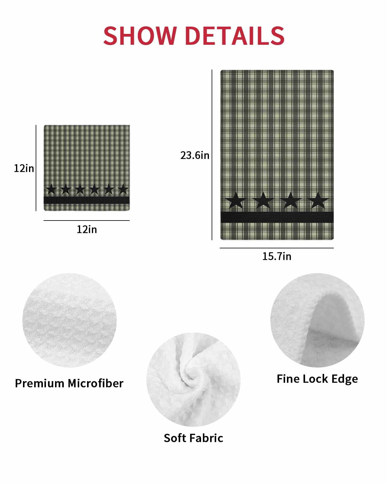 Sage Green Black Plaid Dish Towels Set,Waffle Weave Kitchen Towels 3 Pieces,Microfiber Hair Face Bath Tea Towel Absorbent Quick Drying Cleaning Dish Cloths,Vintage Star Buffalo Check Rustic 12"x12"