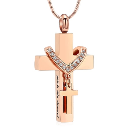 Personalize Stainless Steel Dpuble Cross Urn Pendant Ashes Holder Cremation Jewelry for Ashes Keepsake Memory Necklace With Me Always Engraved