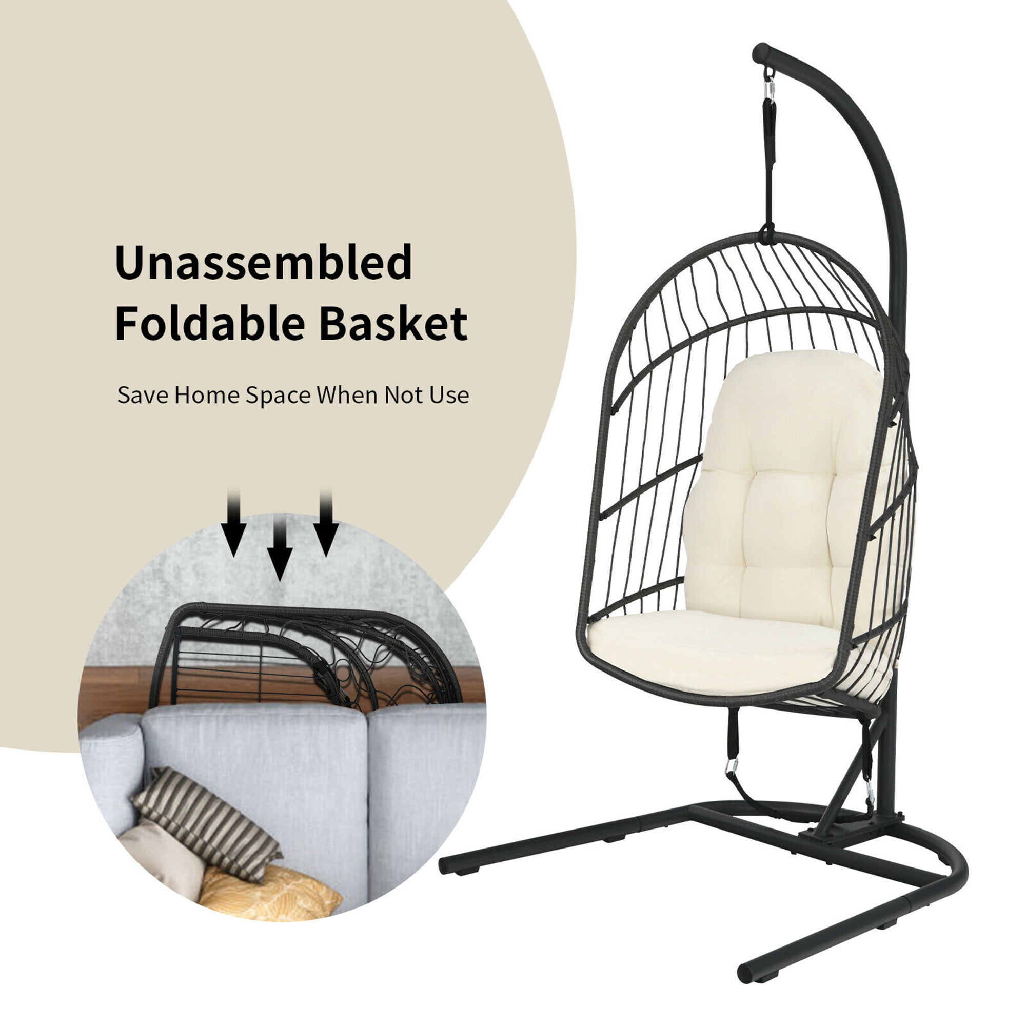 Gymax Hanging Hammock Patio Rattan Swing Egg Chair w/ Stand & Beige Cushions