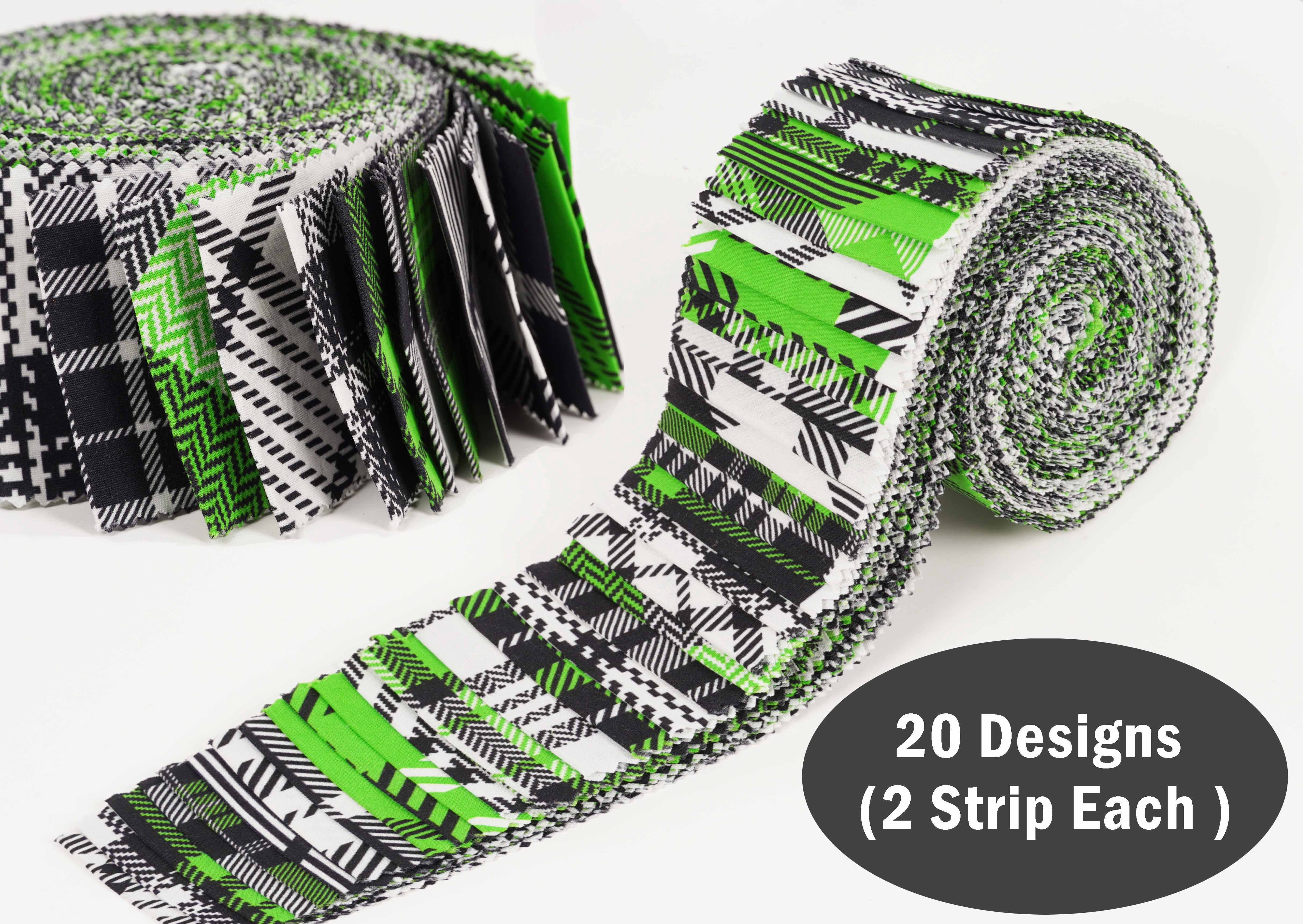 Soimoi 40Pcs Check & Tartan Print Cotton Precut Fabrics For Quilting Craft Strips 2.5x42inches Jelly Roll - Green & Black