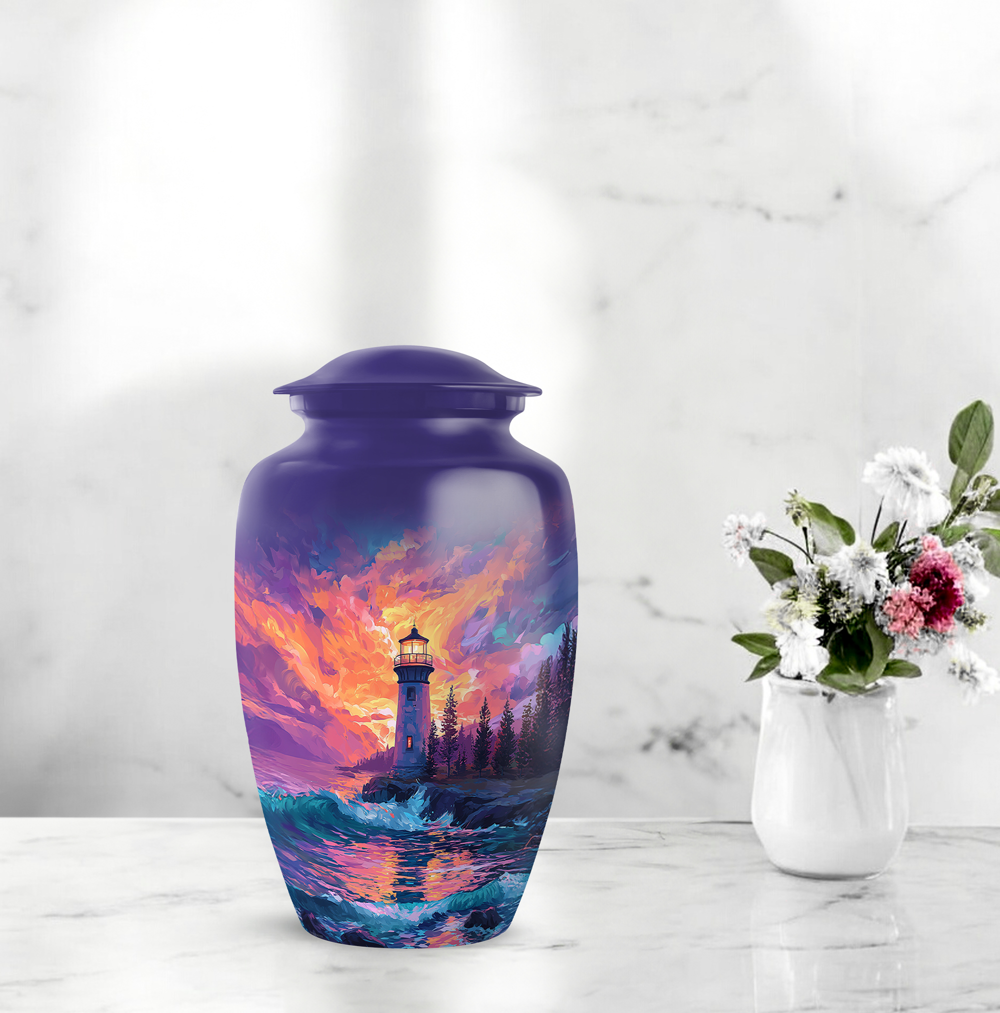 Lighthouse Urn For Human Ashes Brother, Purple Cremation Urns For Adult Ashes Women, Blue Urns For Cremated Remains, Orange Large Urn Adults For Male And Female Size, 10 Inch