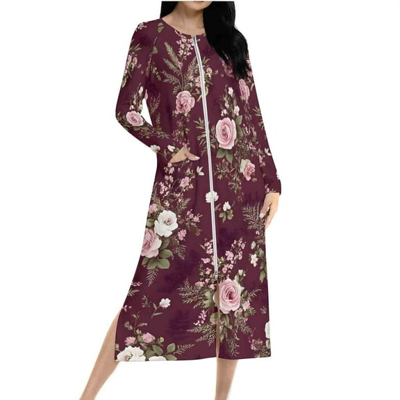 Tnhcen Women's Pajama Dress Long Sleeve Floral Print Loose Fit Zipper Front Sleepwear Night Dress Home Wear Lounge Dress Slit Sleeve Double-Sided Fleece S-2XL