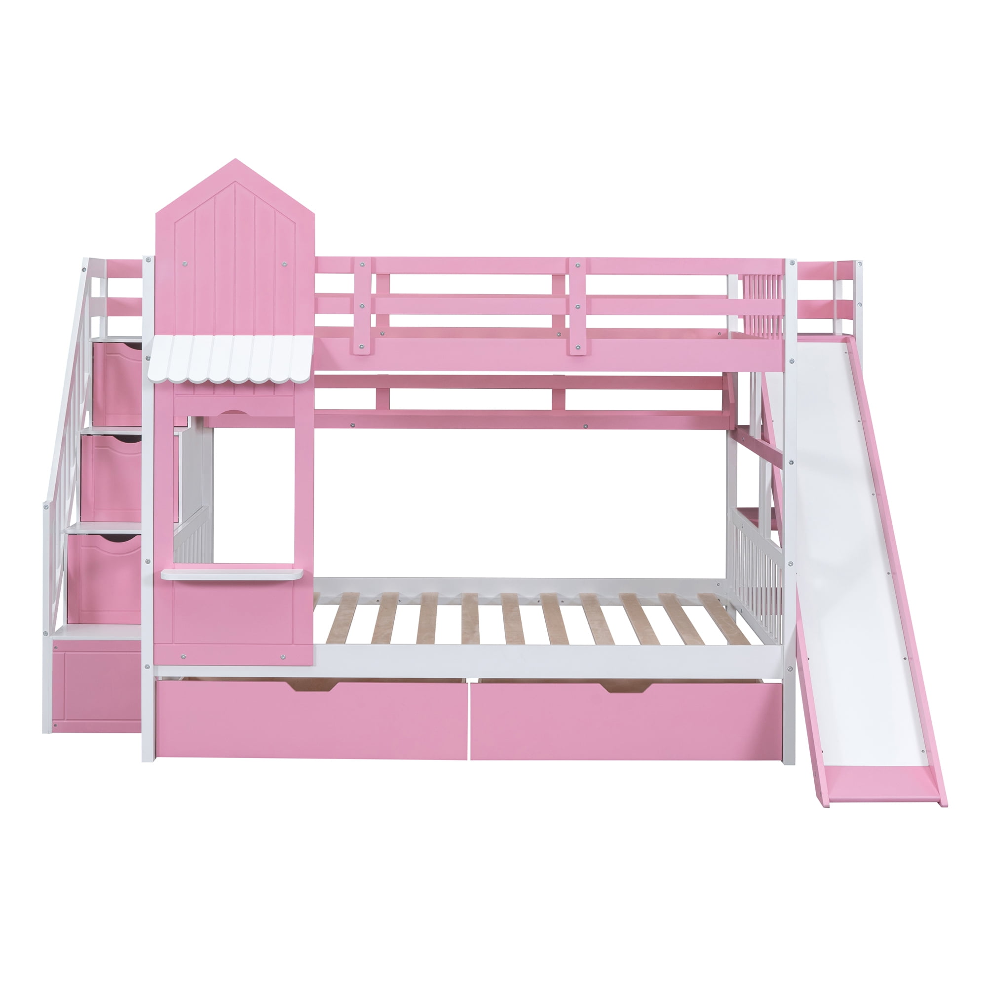 Full over Full Bunk Bed for Kids, Castle Style Bunk Beds with 2 Drawers, Slide and Storage Shelves, Solid Wood Bunk Bed Frame for Kids Girls Boys Teens
