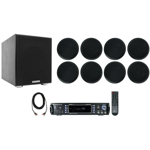 Rockville RPA60BT Home Theater Receiver Amp (8) 8" Black Ceiling Speakers Sub