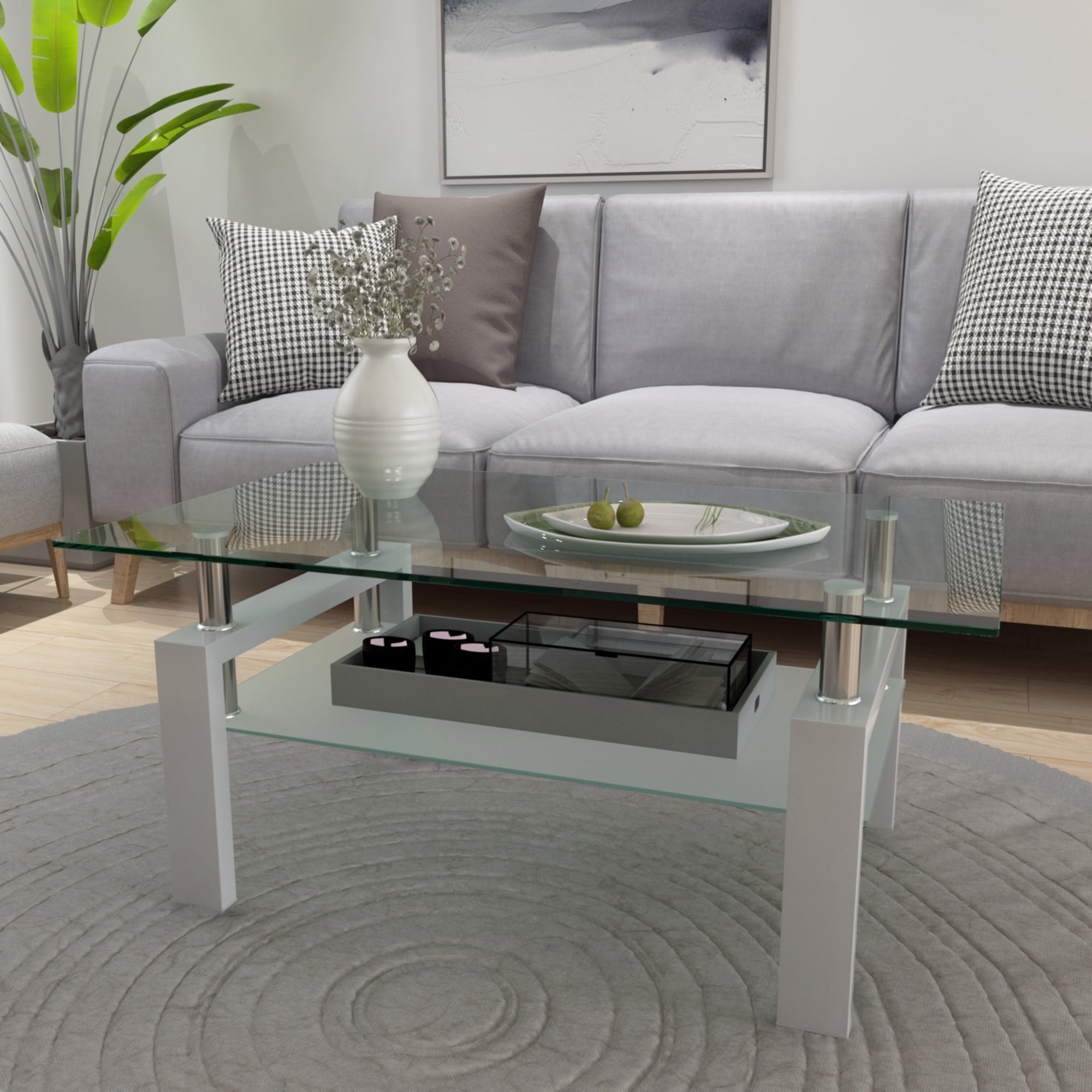 Aukfa Rectangle Tempered Glass Coffee Table Metal Tube Legs End Table for Living Room, Silver