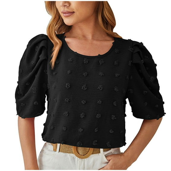 UYISJ Womens Cute Summer Tops Crew Neck Puffy Short Sleeve Blouse Swiss Dot Loose Fit Solid Color Shirts 2024 Trendy