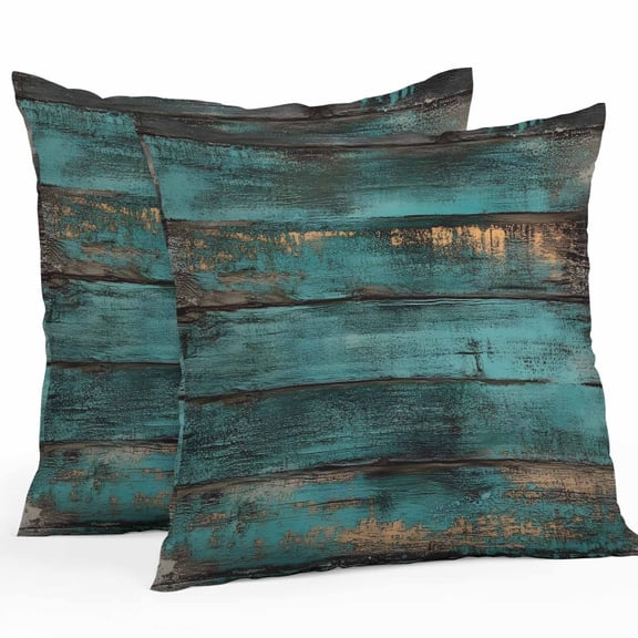 Waterproof Throw Pillow Covers Set of 2, 16x16 Inch Teal Brown Vintage Wood Decorative Pillowcases Outdoor Pillow Slip Cushion Covers Set for Couch Tent Abstract Retro Shabby Plank