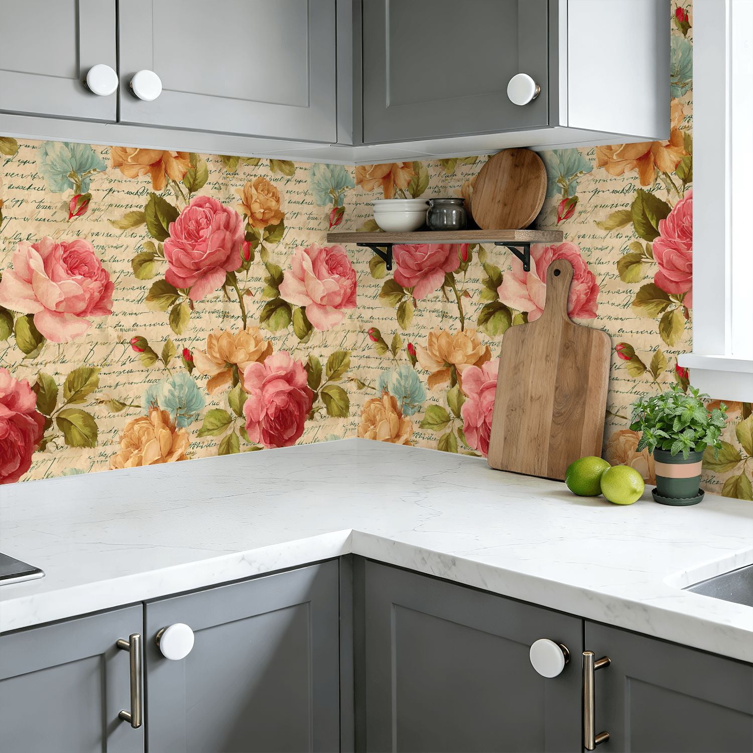 Boho Peel and Stick Wallpaper Vintage Floral Rose Handwritten Script Wall Mural 23.6in x 9.8ft Self Adhesive Removable Wall Paper Renter Friendly Wallpaper for Bedroom Kitchen Farm