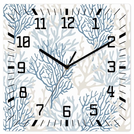 Blue Grey Coral Coastal Wooden Wall Clock Silent Non Ticking Summer Beach Seaside Nautical Square Wall Clocks Battery Operated Decor Clock for Home Office Living Room Kitchen 10 Inch