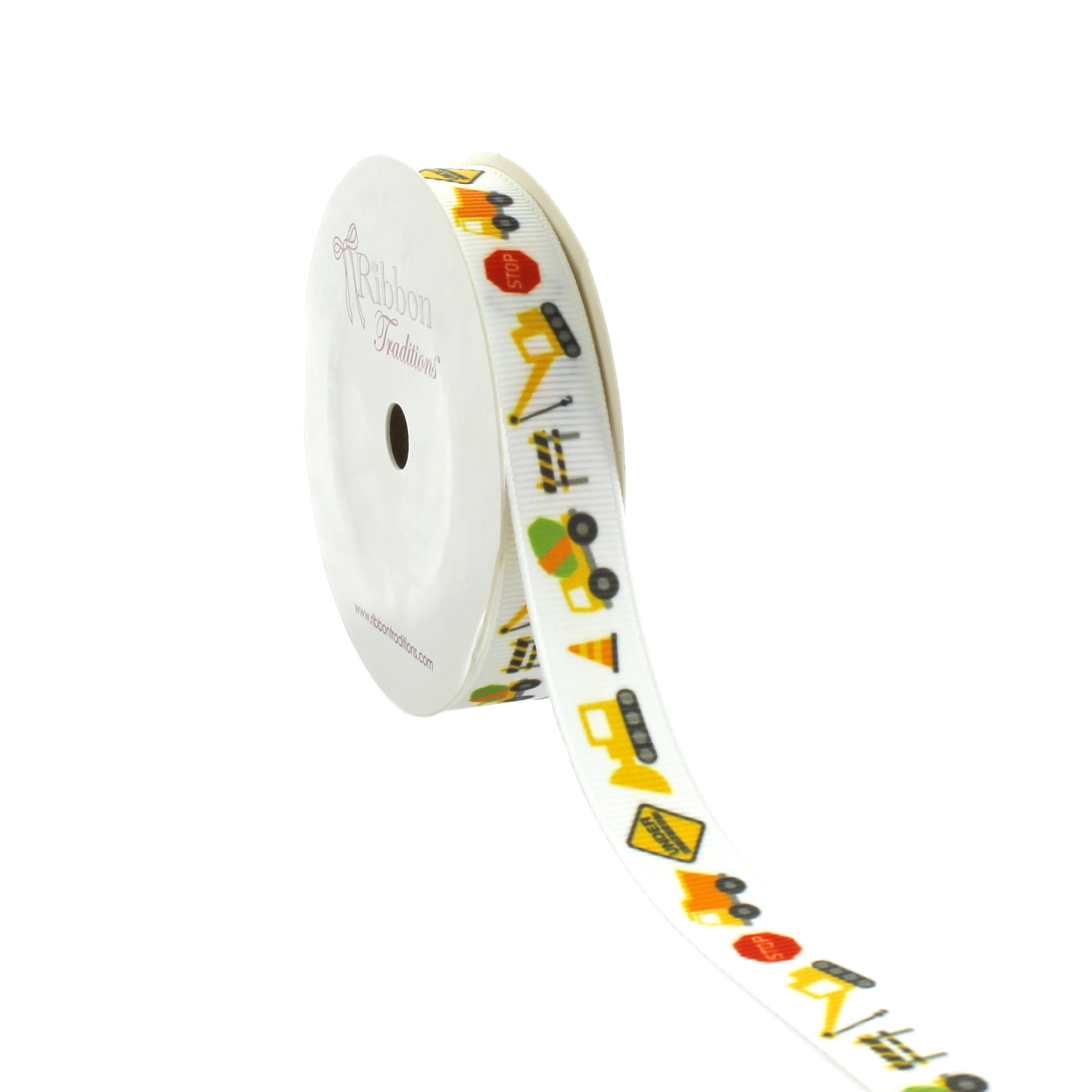 Ribbon Traditions 5/8” Grosgrain Construction Vehicles Print Ribbon, 6 Yards