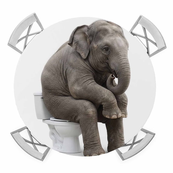 Elastic Fitted Round Tablecloth, Funny Elephants Waterproof Stretch Table Cover for 36"-44" Tables, Cute Art Fun Lovely Animals on Toilets Washable Outdoor Tablecloths for Patio, Picnic, Camping