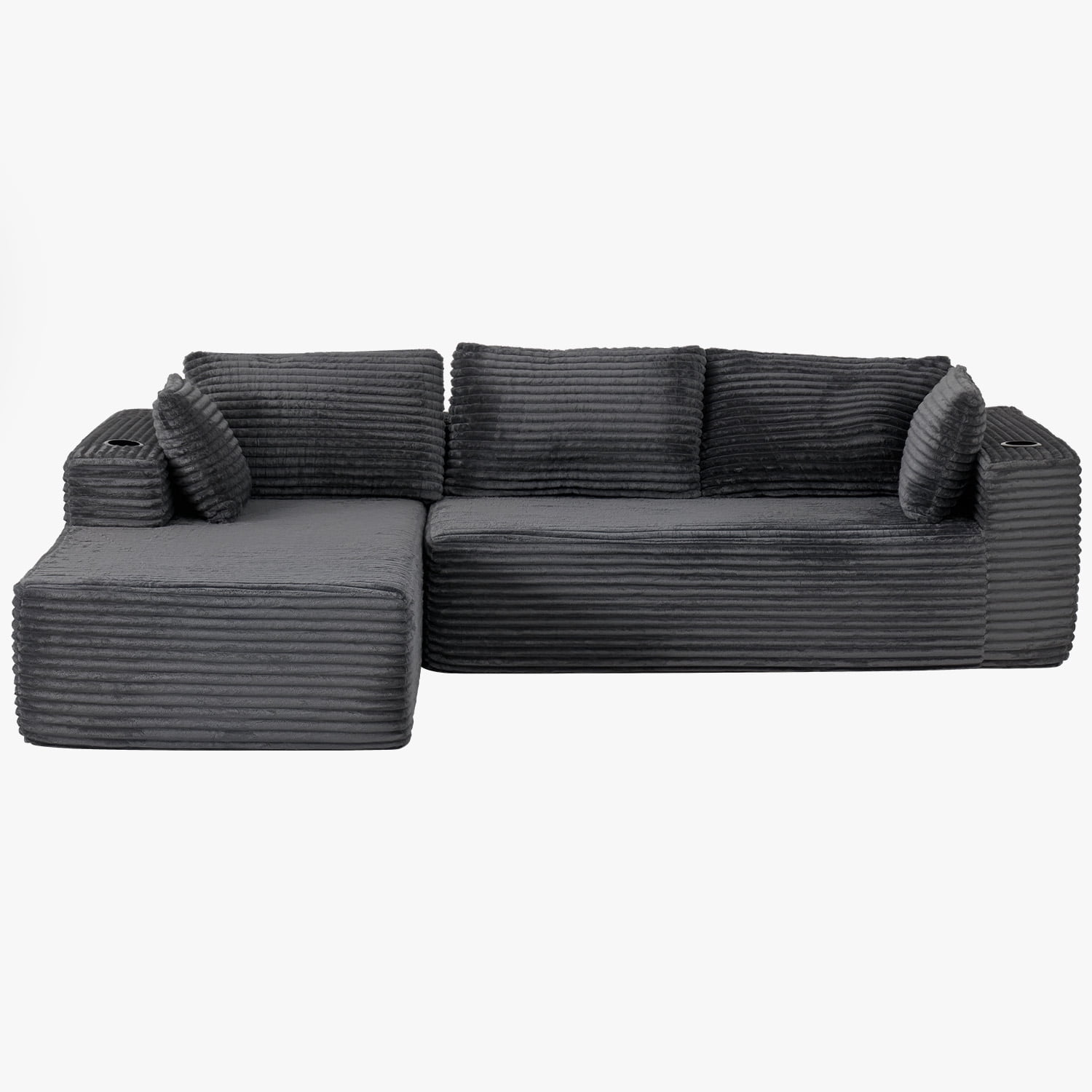 BaPiPro 105.5" L-Shaped Boneless Corduroy Cloud Sofa, Deep Chaise w/ Cup Holders & Wide Arms, Detachable Washable Cover, No Assembly Floor Couch for Living Room & Apt, Dark Gray