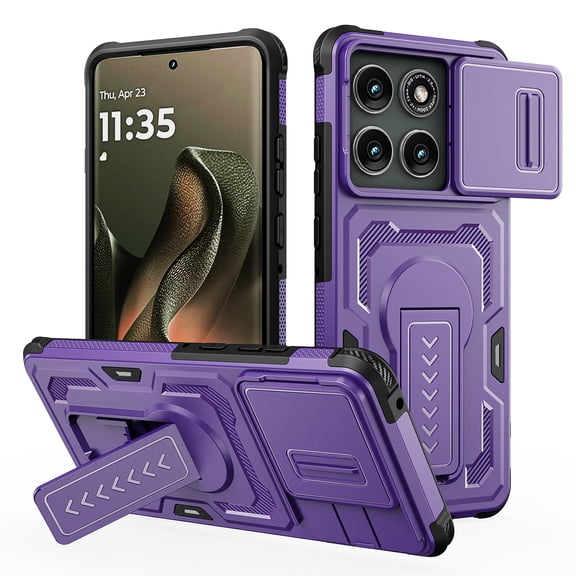 Moreoy Heavy Duty Phone Case for Moto Motorola Edge 2025 with Hidden Kickstand, Slide Camera Cover Lens Protection, Dual-Layer PC TPU Drop-proof Shockproof Protective Cover Phone Shell,Purple