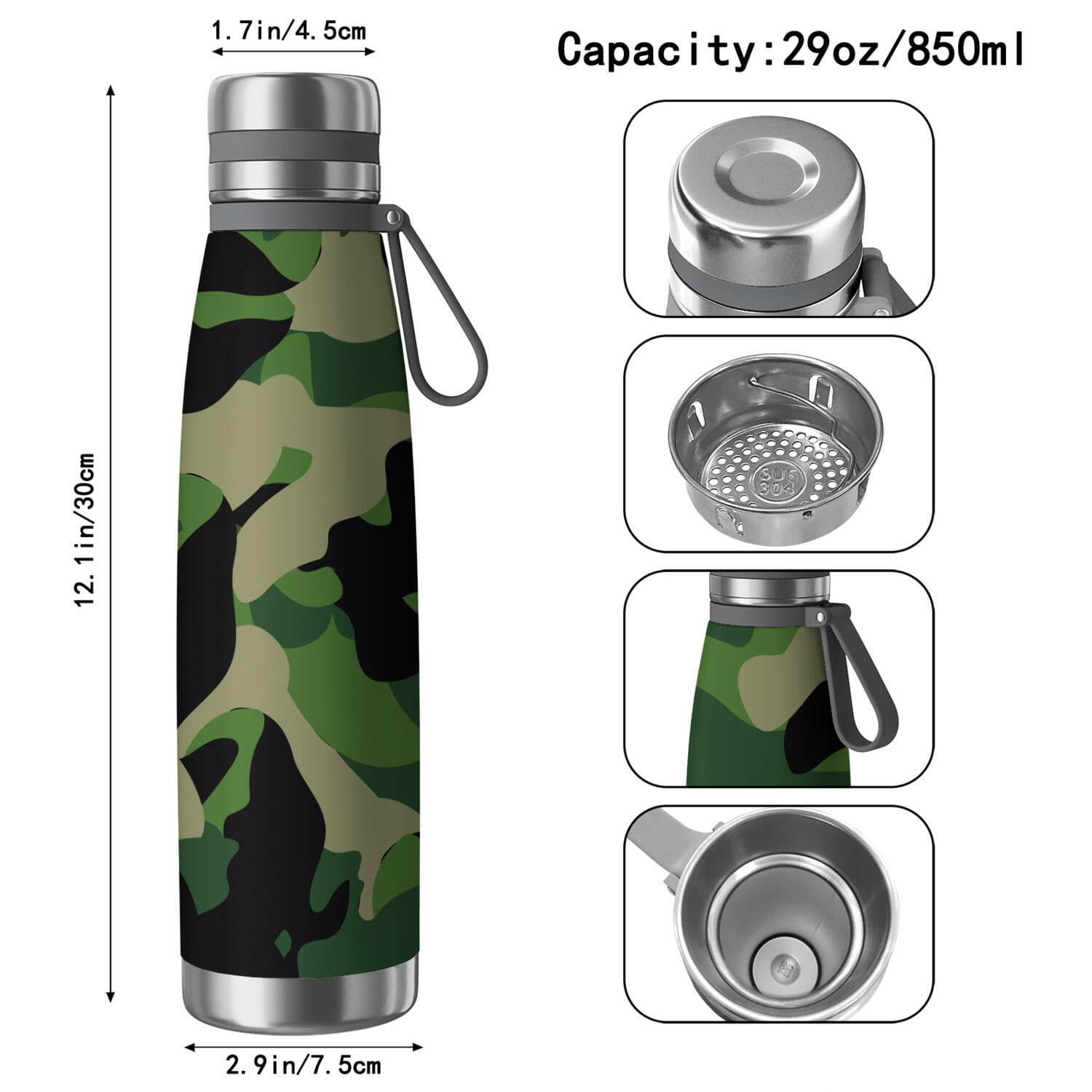 29oz Insulated Water Bottle with Tea Infuser, Stainless Steel Travel Mug, Camouflage Print