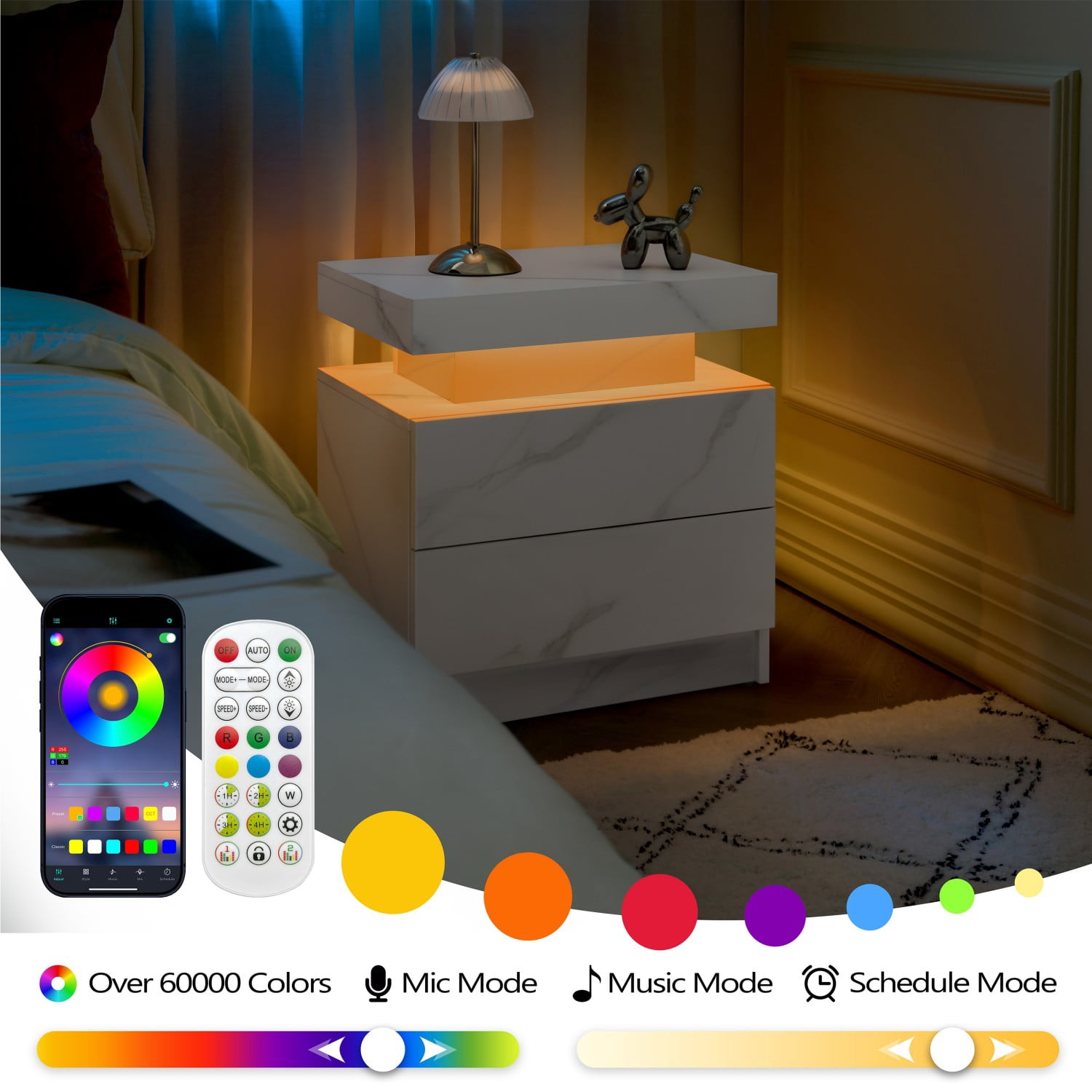 Nightstand with LED Lights, Modern Bedside Table with 2 Drawers and Open Storage, Adjustable RGB Light End Table for Bedroom Living Room Office, Matte White