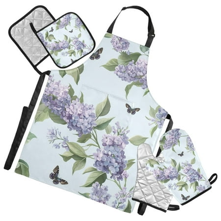 Beautiful Lilac Flowers and Butterflies Apron Set with Oven Mitts Pot Holders Set of 5 Kitchen Stuff Accessories