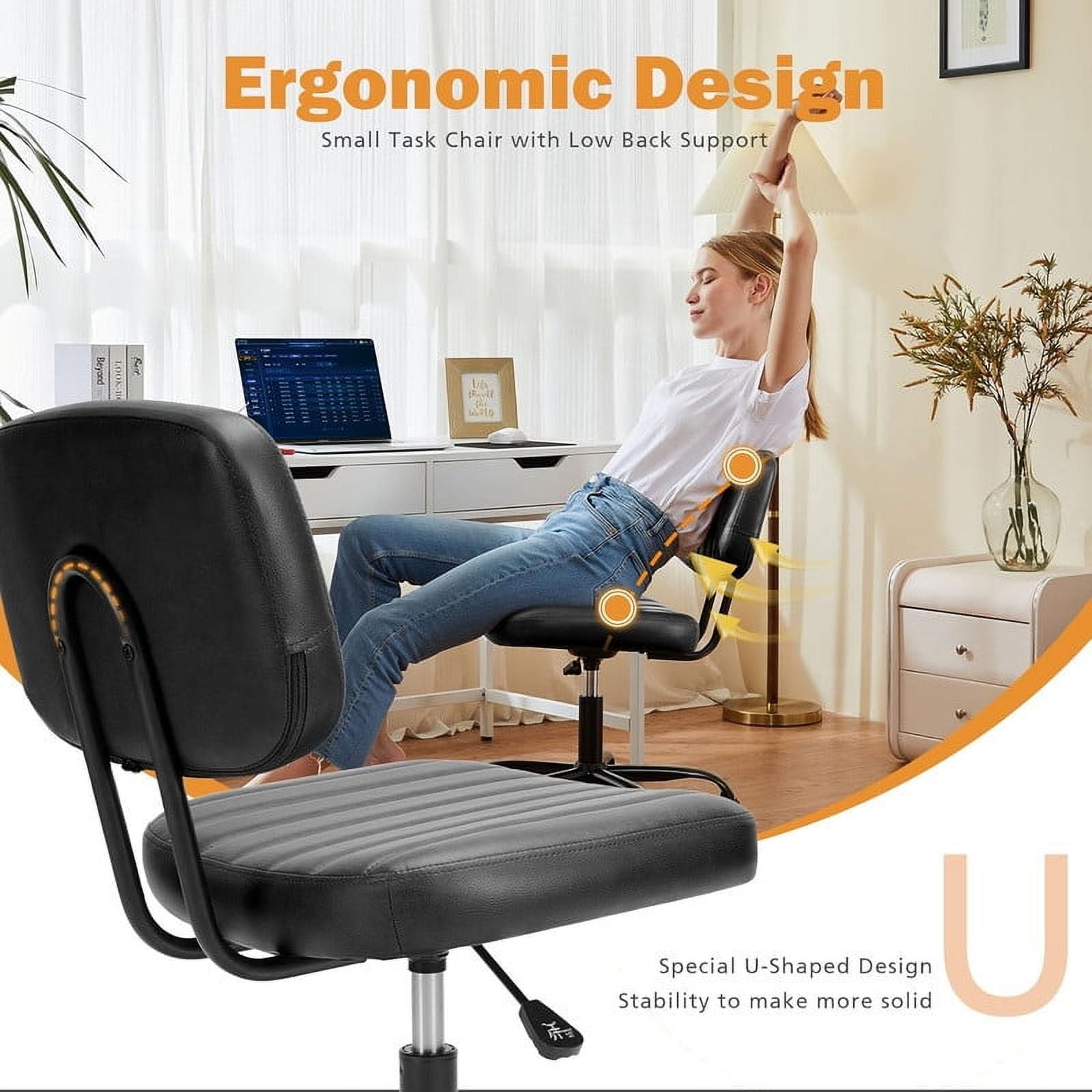 Armless Office Desk Chair with Wheels, Adjustable Height 360° Rolling Swivel Lumbar Support Low-Back Computer Chair, PU Leather, Black