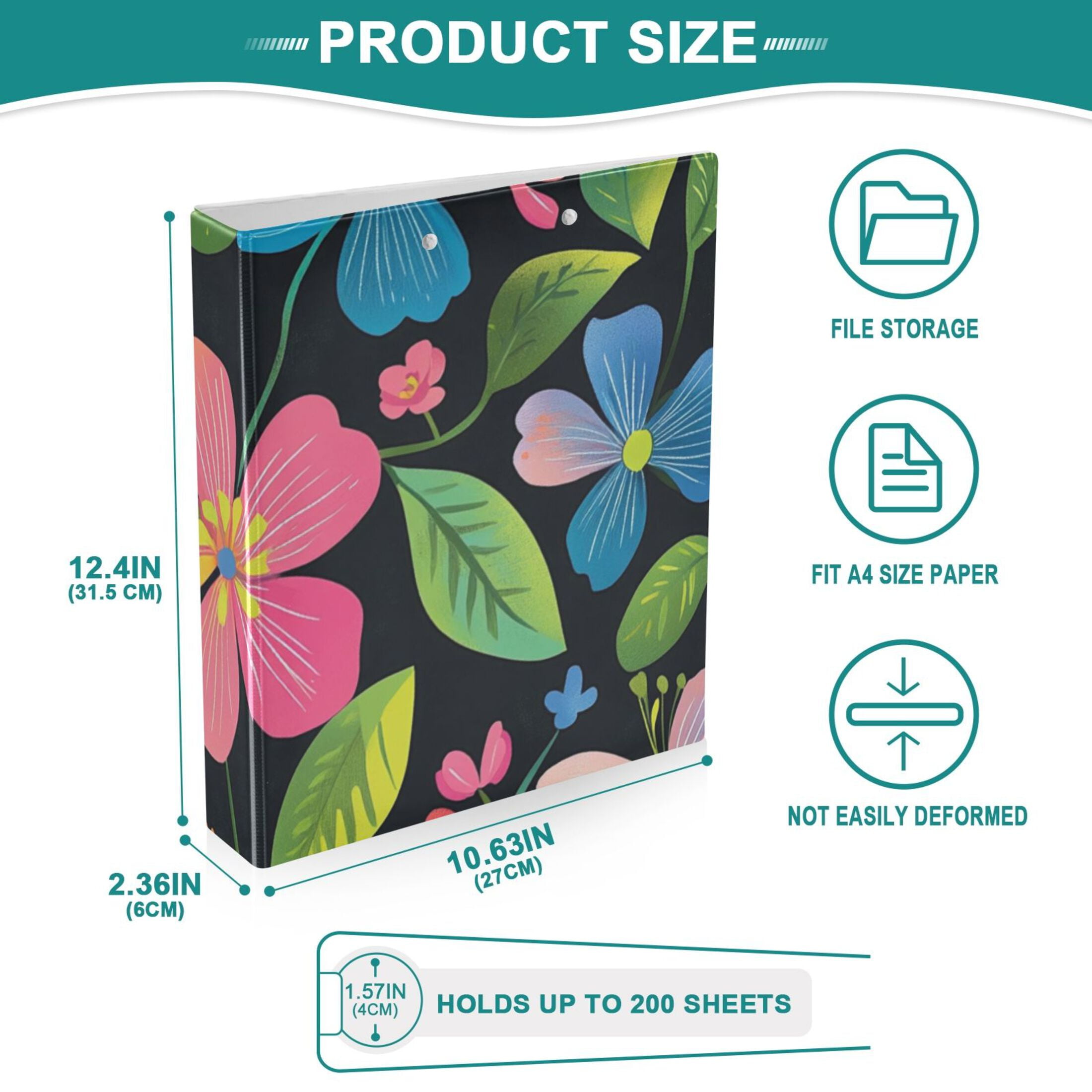 Colorful Wildflowers 3 Ring Binders 1.5 inch Hardcover File Folders with Interior Pockets A4 Size Organizer for School Office Hospital Set of 2