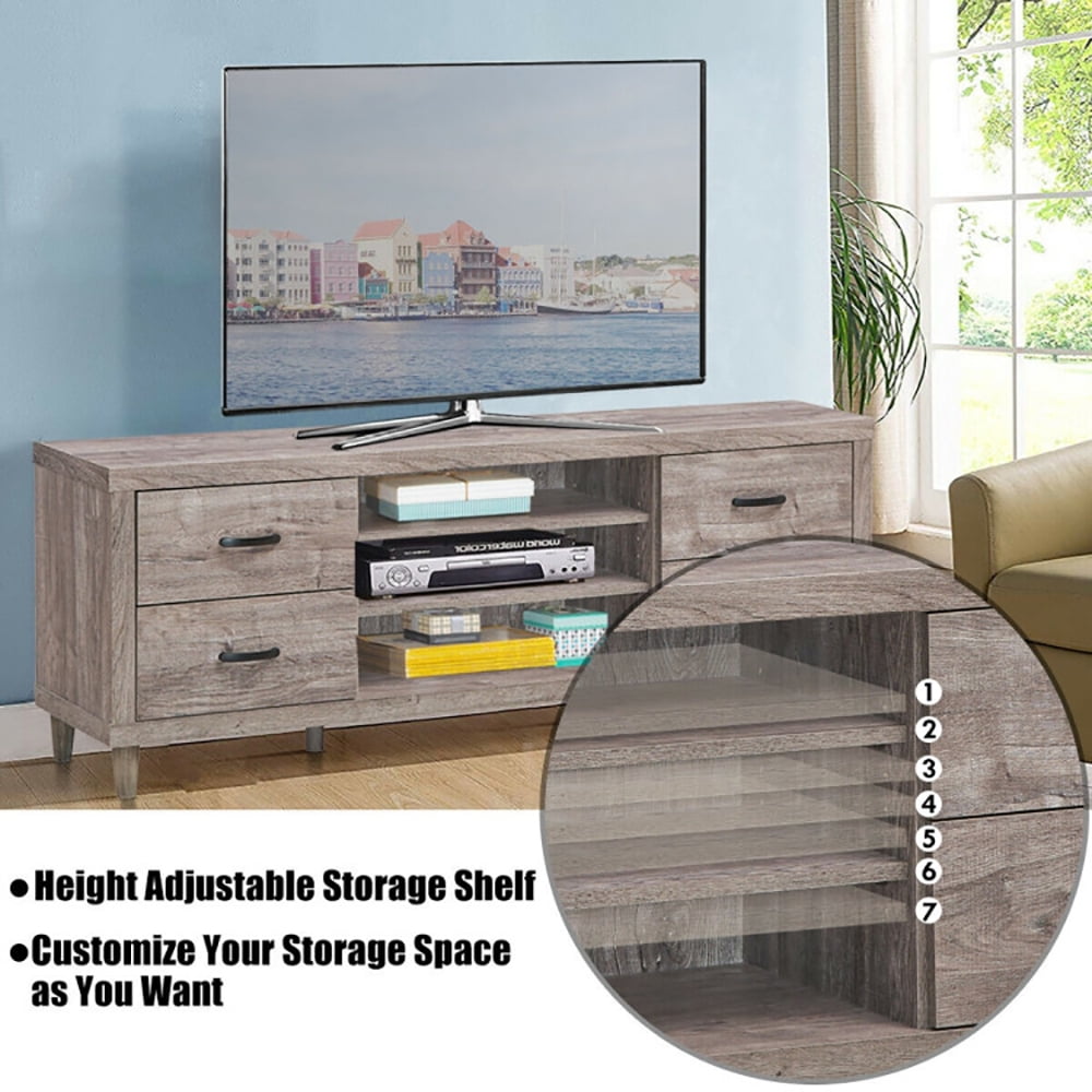 Finihen TV Stand, TV Cabinet, Retro Wooden TV Stand with 3 Open Shelves and 4 Drawers, Media Entertainment Center with Storage, for Living Room, Bedroom, Brown