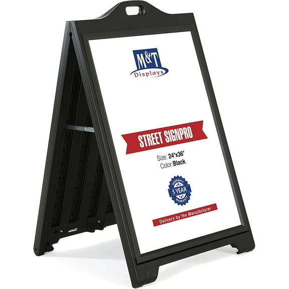 M&T Displays Street SignPro with Lens Protective Cover, 24x36 Inch Poster Black Double Sided Sandwich Board Folding A-Frame Sidewalk Curb Sign Portable Advertising Display for Restaurant Cafe