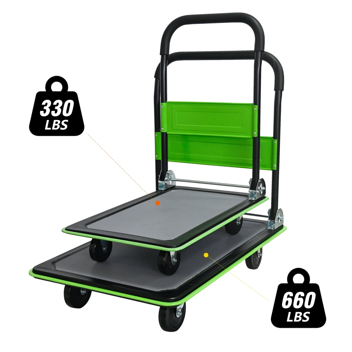Flatbed Cart, 330lbs Heavy Duty Capacity Platform Hand Truck 360 Degree Swivel Wheels Foldable Push Hand Cart for Loading and Storage, Warehouse-Green