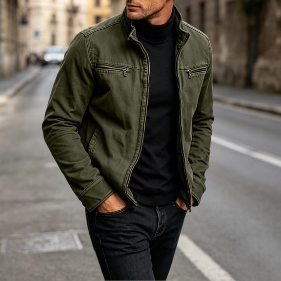 WIZUTIZ Men's Workwear Jacket Solid Color Long Sleeve Stand Collar Zipper Cotton Casual Outer Coat for Outdoor Daily All-Season Wear Mens Fashion