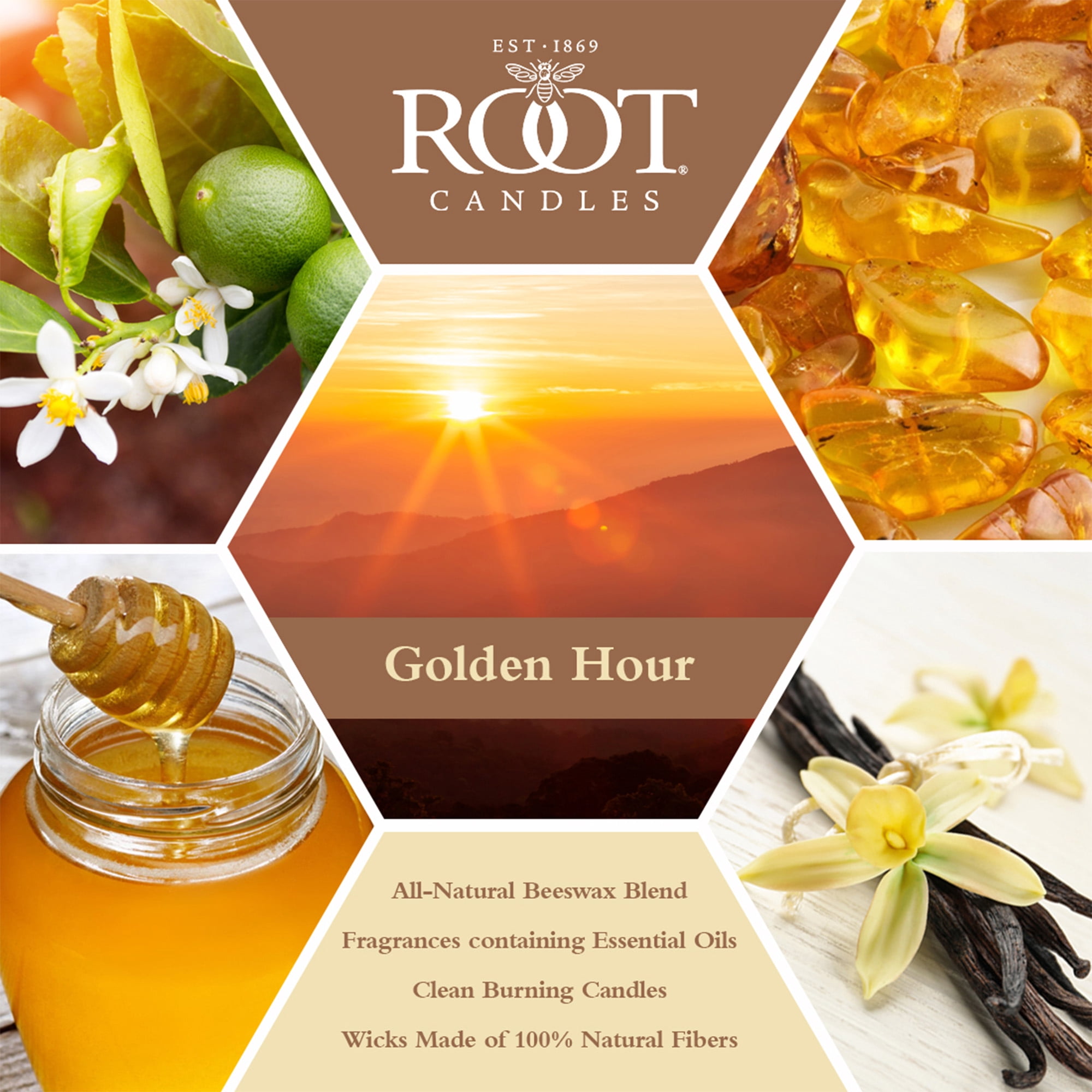 ROOT Candles 12 oz 3-Wick Signature Honeycomb filled Jar. Scent: Golden Hour
