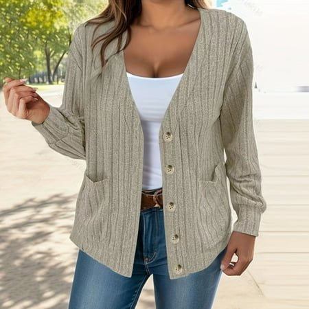 MKLEKYY Orange Sweater Women Solid Color Button Down V Neck Loose Long Sleeved Cardigan Long Fuzzy Sweater