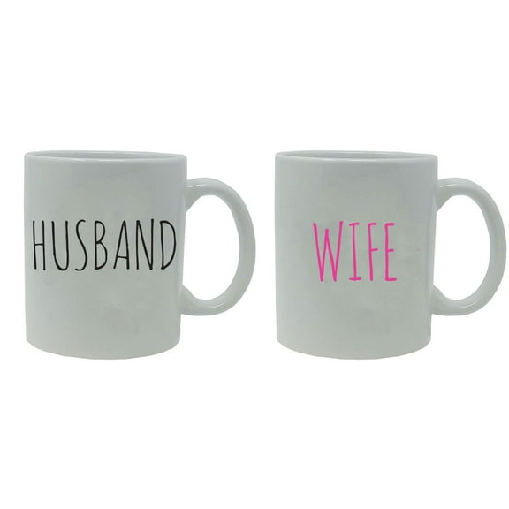 Husband Wife 11-Ounce White Ceramic Coffee Mugs Set, White/White